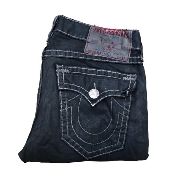 Vintage True Religion Jeans Size 36 RICKY SUPER T Wax Coated Denim - Picture 1 of 8